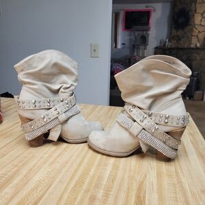 Beige Studded Slouch Ankle Boots - Womens
